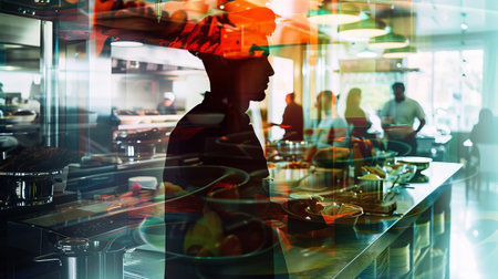 A blurred figure stands in a kitchen, the background indistinct. The person appears to be stationary, with no clear activity visible in the scene.の素材