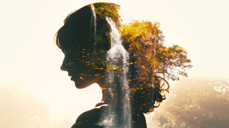 A woman stands in front of a powerful waterfall, surrounded by mist and the sound of rushing water. Her silhouette is highlighted against the cascading water in the background.の素材