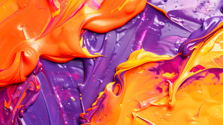 This close-up view shows a lively and colorful abstract painting, bursting with a variety of vibrant hues. The artwork features energetic brush strokes and a dynamic composition.の素材