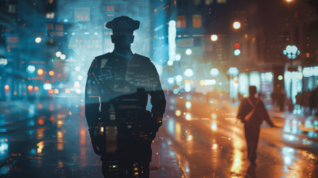 A man is seen walking down a dark street at night, illuminated only by the faint glow of streetlights. The environment appears quiet and deserted, creating a sense of solitude and introspection.の素材