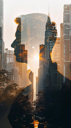 A double exposure where a man's face is superimposed over a bustling cityscape, creating an intriguing blend of urban and human elements.の素材