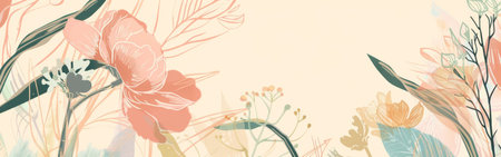 A detailed painting depicting vibrant flowers in various sizes and colors, set against a beige background. The flowers are delicately rendered, showing intricate petals and stems in a realistic style.の素材