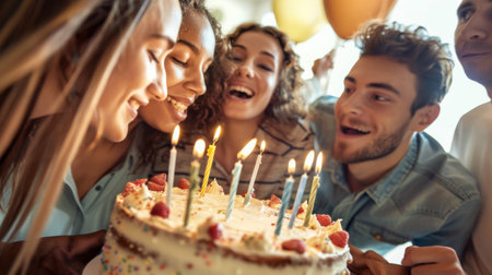 A group of people gathered around a birthday cake, smiling and celebrating. The cake is lit with candles, and some individuals are holding party hats and balloons.の素材