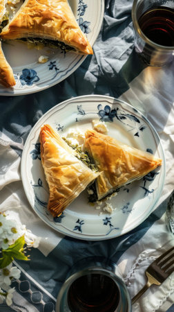 A plate of spinach and feta pastry is on a table with a wine glass and fork. The plate is decorated with blue and white flowersの素材