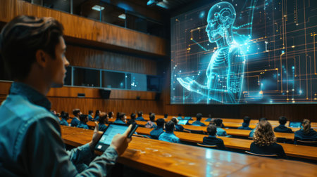 A man is looking at a screen with a man's face on it. The man is holding a tablet in his hand. The image is of a man's head and torsoの素材