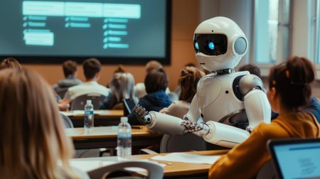 A robot is standing in front of a classroom full of students. The robot is talking to the students and seems to be teaching them somethingの素材