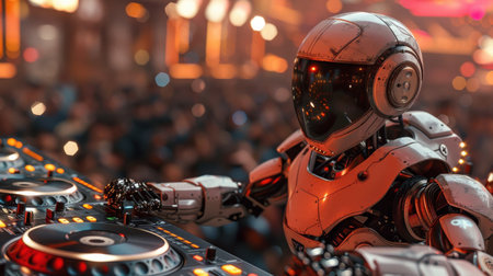 A robot DJ is playing music at a club. The robot is wearing a white helmet and has a metallic appearance. The club is crowded with people dancing and enjoying the music. The atmosphere is livelyの素材