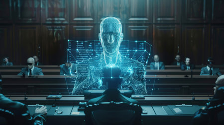 A man is sitting in front of a computer screen with a face on it. The man is wearing a suit and tie. There are several other people in the background, some of whom are also wearing suits and tiesの素材