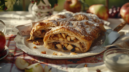 A plate of apple strudel with a knife on the table. The strudel is cut in half and has a lot of apples on itの素材