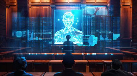 A man is sitting in front of a computer screen with a face on it. The man is wearing a suit and tie. Concept of technology and modernityの素材
