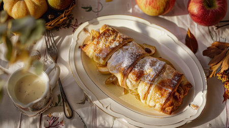 A plate of pastry with powdered sugar and apples on top. The plate is on a table with a cup of cream and a forkの素材