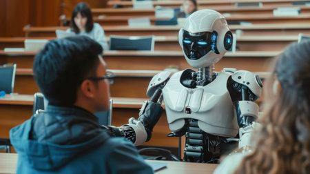 A robot is talking to a man in a classroom. The robot is white and has blue eyes. The man is wearing glasses. The robot is standing in front of a deskの素材