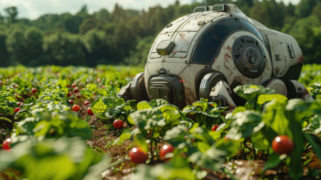 A robot is in a field of red tomatoes. The robot is white and has a black headの素材