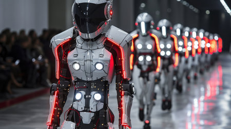A group of robots walk down a runway. The robots are all white and red. The robots are wearing suits and have glowing lights on them. The robots are walking in a lineの素材