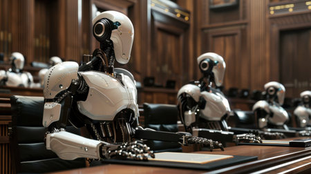 A group of robots are sitting at a desk in a room. The robots are all white and appear to be in a courtroom settingの素材