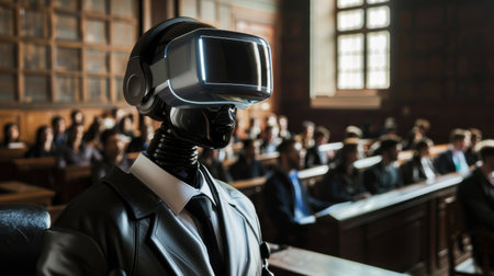 A robot wearing a suit and tie stands in front of a crowd of people. The robot is wearing a virtual reality headset, which suggests that it is a futuristic robotの素材