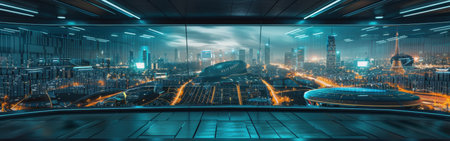 A cityscape with a large building in the middle and a large building on the right. The city is lit up at nightの素材