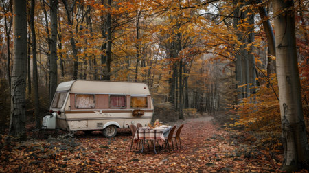 A small trailer is parked in a forest with a table and chairs set up. The scene is peaceful and serene, with the leaves on the ground adding to the natural atmosphereの素材