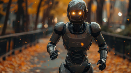 A robot is running through a forest with leaves on the ground. The robot is wearing a helmet and has a metallic appearanceの素材