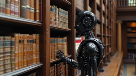 A robot is standing in a library, reaching for a book. The robot is black and has a human-like face. The library is filled with books, and the robot appears to be searching for a specific bookの素材