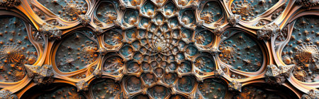 A digitally generated image depicting an abstract spiral pattern. The image is composed of intricate details, with orange and blue hues dominating the color palette. The spiral is centered, and the intricate details extend outwards, creating a visually captivating pattern.の素材