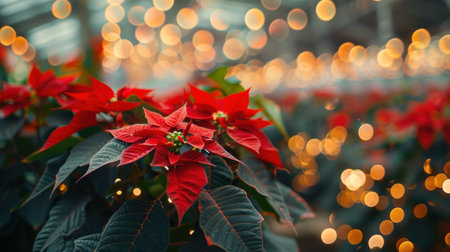 A close-up shot of red poinsettia blooms in a greenhouse, with a blurry background of warm, golden lights. The bright red leaves of the poinsettias contrast beautifully with the soft, glowing lights, creating a festive and cheerful atmosphere.の素材