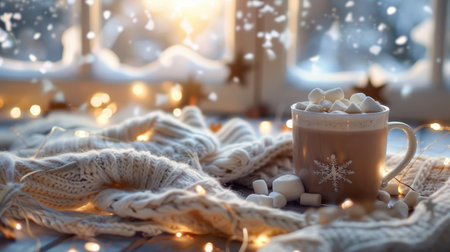 A warm mug of hot chocolate topped with marshmallows sits on a cozy knit blanket with twinkling lights in the background. The snow falls outside a window, creating a perfect winter scene.の素材