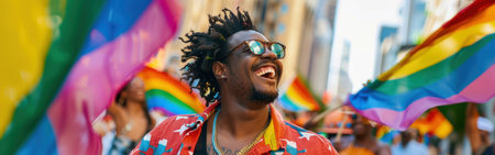 A man with dreadlocks and sunglasses is smiling and holding a rainbow flag. Concept of joy and celebration, as the man is participating in a pride paradeの素材