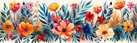 A digital illustration featuring a vibrant and colorful display of blooming flowers and leafy foliage. The watercolor style creates a soft and organic feel, with various shades of red, orange, yellow, blue, and green. The flowers are depicted in full bloom, showing their intricate details and delicate petals.の素材