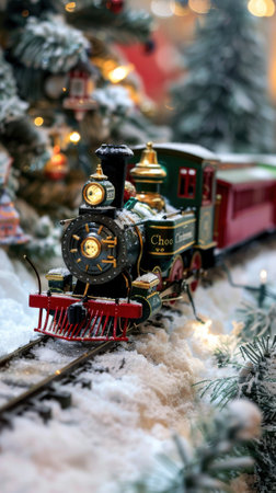 A close-up view of a model train engine, decorated with Christmas lights and surrounded by snow. The engine is green and gold, with a red cowcatcher, and it is traveling along a set of miniature tracks. The scene is festive and whimsical, evoking the joy of the holiday season.の素材