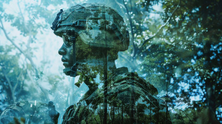 A soldier is camouflaged against a lush forest background. The image is a double exposure, showing the soldiers silhouette against the trees. This image captures the sense of concealment and the soldiers connection to the natural environment.の素材