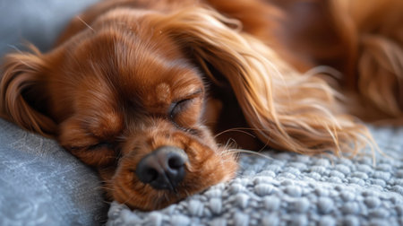 A brown dog is sleeping on a bed. The dog has a long, fluffy tail and is curled up on a blanketの素材