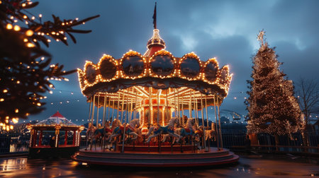 An illuminated carousel with horses rotating sits in the middle of an amusement park, lit up at night. Behind it is a large Christmas tree, also adorned with lights, with a cloudy sky in the background.の素材
