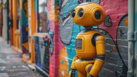 A robot stands in front of a colorful wall. The robot is yellow and has a human-like appearance. The wall is covered in graffiti, giving the scene a vibrant and urban feelの素材