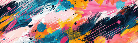 An abstract digital painting featuring bold, colorful brushstrokes in shades of blue, pink, yellow, and black. The brushstrokes are layered and overlapping, creating a dynamic and energetic visual effect.の素材