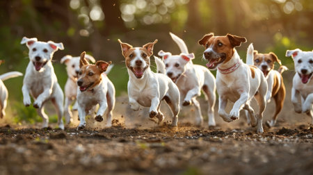 A group of dogs are running in a field. The dogs are of different colors and sizes. They are all running in different directions, but they are all having funの素材