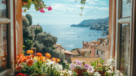 A window view of a city with a large body of water in the background. The view is filled with colorful flowers and plants, creating a peaceful and serene atmosphereの素材