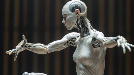 A woman in a silver suit with a robotic arm is standing in front of a wooden wall. Concept of futuristic technology and the idea of a human-like robotの素材