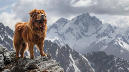 A large dog stands on a mountain top, looking out over the snowy landscape. Concept of adventure and exploration, as the dog seems to be enjoying the viewの素材