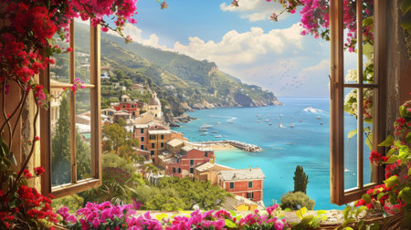 A view of a small town with a blue ocean in the background. The town is surrounded by mountains and there are many boats in the water. The scene is peaceful and serene, with the oceanの素材