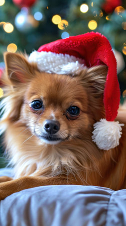 A small dog wearing a red Santa hat is sitting on a bed. The dog is looking at the camera with a smile on its faceの素材