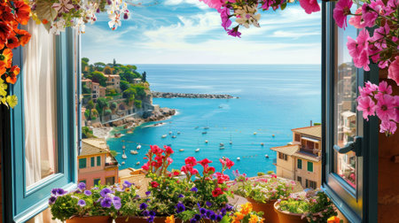 A window view of a beautiful ocean with a colorful garden in front of itの素材