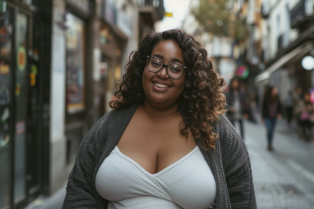 A young woman with long curly hair and wearing a gray cardigan and a white tank top walks down a city street during the day. She is smiling and looking at the camera. Other people are walking in the background, and the storefronts of the buildings are visible.の素材