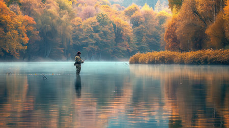 A lone fisherman stands in the middle of a lake on a foggy autumn day, casting his line into the still water. Colorful fall leaves adorn the trees lining the banks of the lake. The reflection of the trees and sky can be seen in the water.の素材