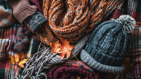 A close-up of a variety of knit items including scarves, a hat, and a plaid blanket, with fallen autumn leaves interspersed throughout. The colors are warm and inviting, suggesting a cozy atmosphere.の素材