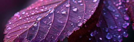 A close-up view of a vibrant purple leaf covered in glistening raindrops. The raindrops reflect the surrounding light, creating a mesmerizing interplay of light and shadow.の素材