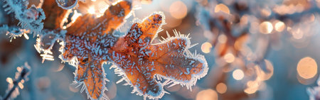 A single oak leaf, frosted with ice crystals, is bathed in warm sunlight. The leaf is in focus, while the background is a blurry, out-of-focus mix of blue and gold.の素材