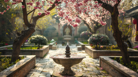A serene courtyard features a small stone fountain surrounded by lush greenery and blooming cherry blossom trees. Sunlight filters through the branches, casting dappled light on the paved pathway.の素材