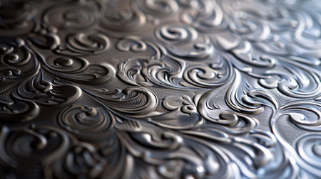 The image showcases a close-up view of a silver surface adorned with an intricate floral pattern. The pattern consists of delicate swirls and scrolls, creating a three-dimensional texture that catches the light. The details are so precise that each individual line and curve can be seen.の素材