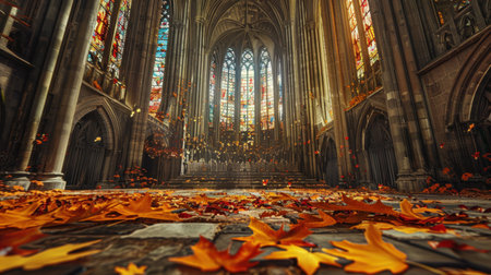 Sunlight streams through stained glass windows of a stone church, illuminating fallen autumn leaves on the ground.の素材